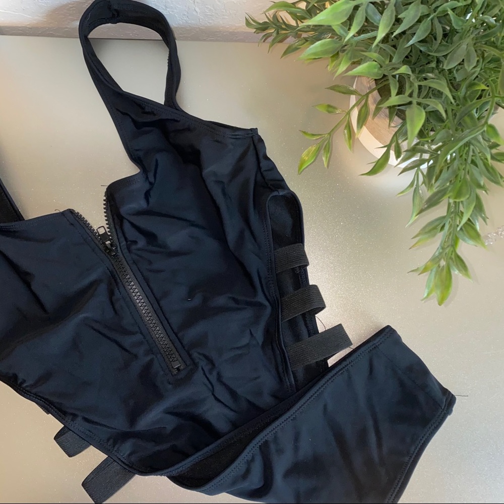 Shein black zip up one piece bikini small